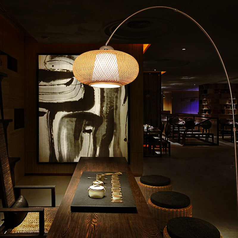 Lantern Tea Room Standing Light Bamboo 1��Bulb Minimalist Floor Lighting with Fishing Rod Arm in Wood