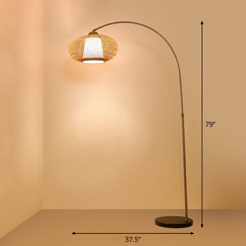Lantern Tea Room Standing Light Bamboo 1��Bulb Minimalist Floor Lighting with Fishing Rod Arm in Wood