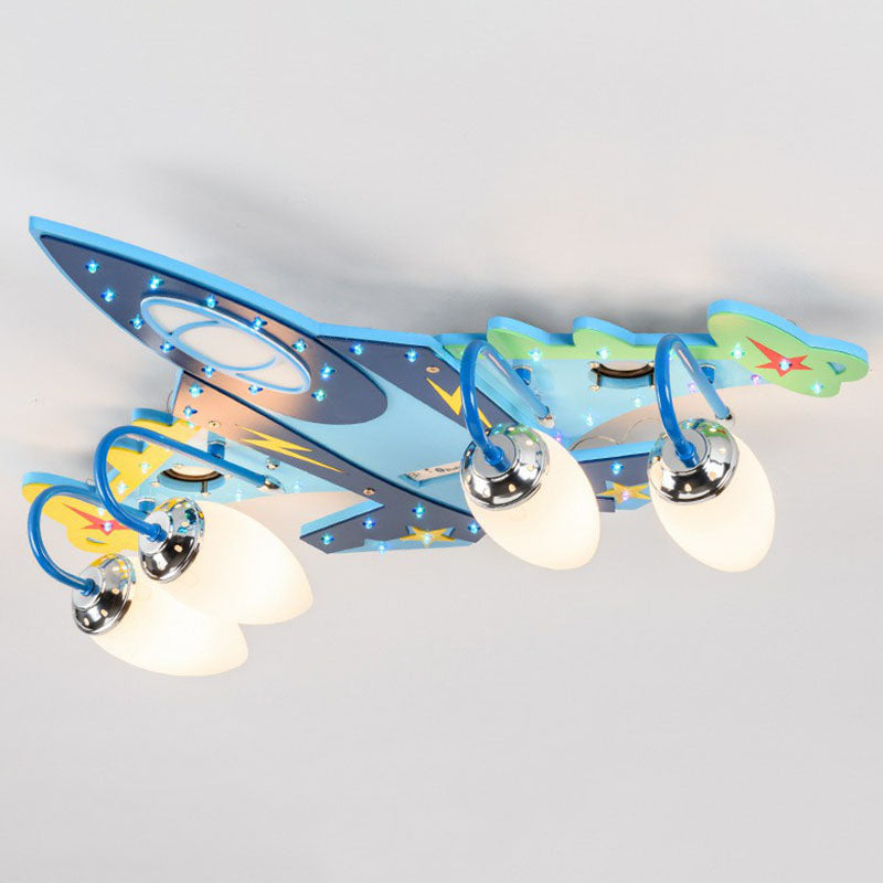 Childrens Plane LED Flush Mount Wood Kindergarten Flushmount Ceiling Light in Blue