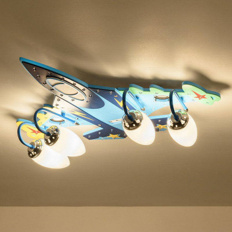 Childrens Plane LED Flush Mount Wood Kindergarten Flushmount Ceiling Light in Blue