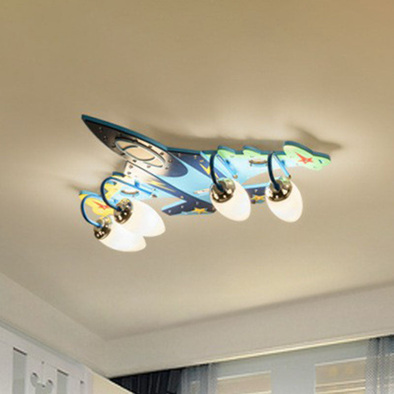 Childrens Plane LED Flush Mount Wood Kindergarten Flushmount Ceiling Light in Blue