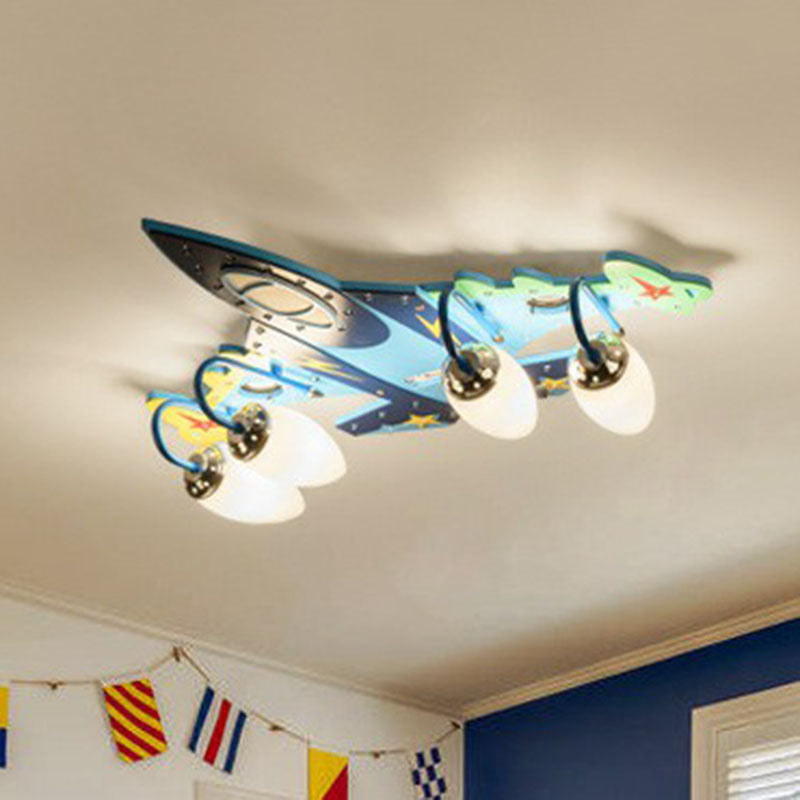 Childrens Plane LED Flush Mount Wood Kindergarten Flushmount Ceiling Light in Blue