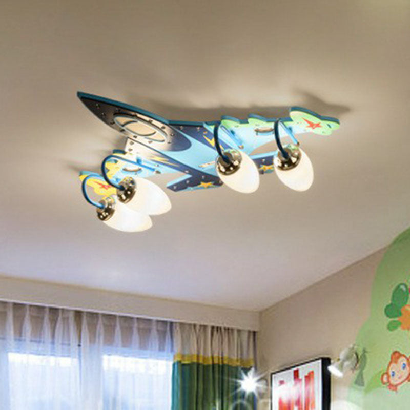 Childrens Plane LED Flush Mount Wood Kindergarten Flushmount Ceiling Light in Blue