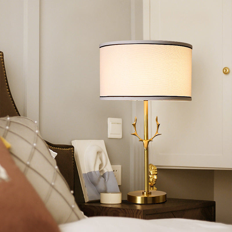 Fabric Drum Table Lamp Simplicity 1 Bulb Bedside Nightstand Light with Antler Decor in White