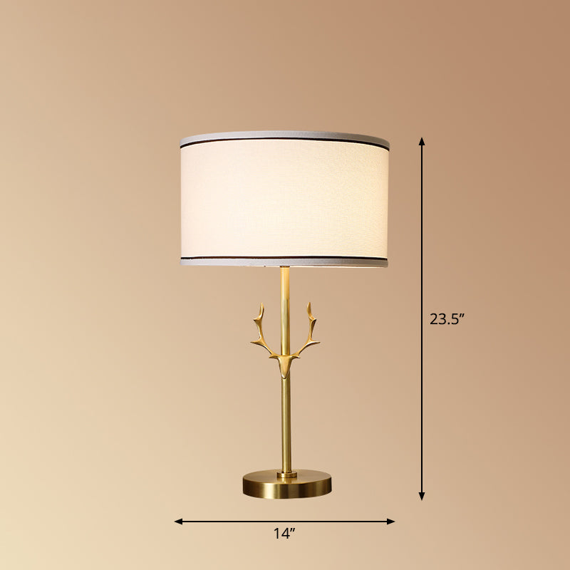 Fabric Drum Table Lamp Simplicity 1 Bulb Bedside Nightstand Light with Antler Decor in White