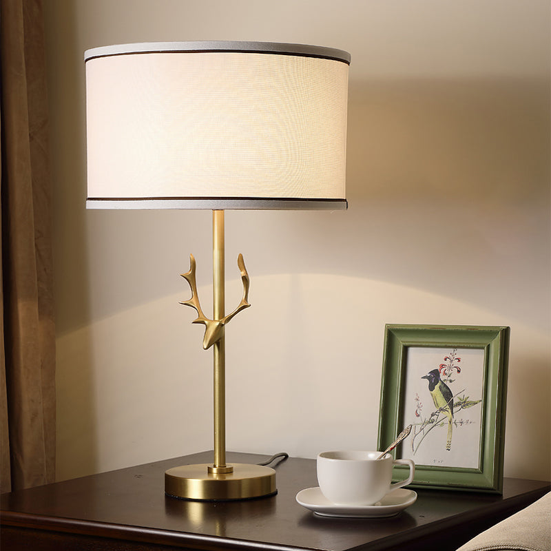 Fabric Drum Table Lamp Simplicity 1 Bulb Bedside Nightstand Light with Antler Decor in White