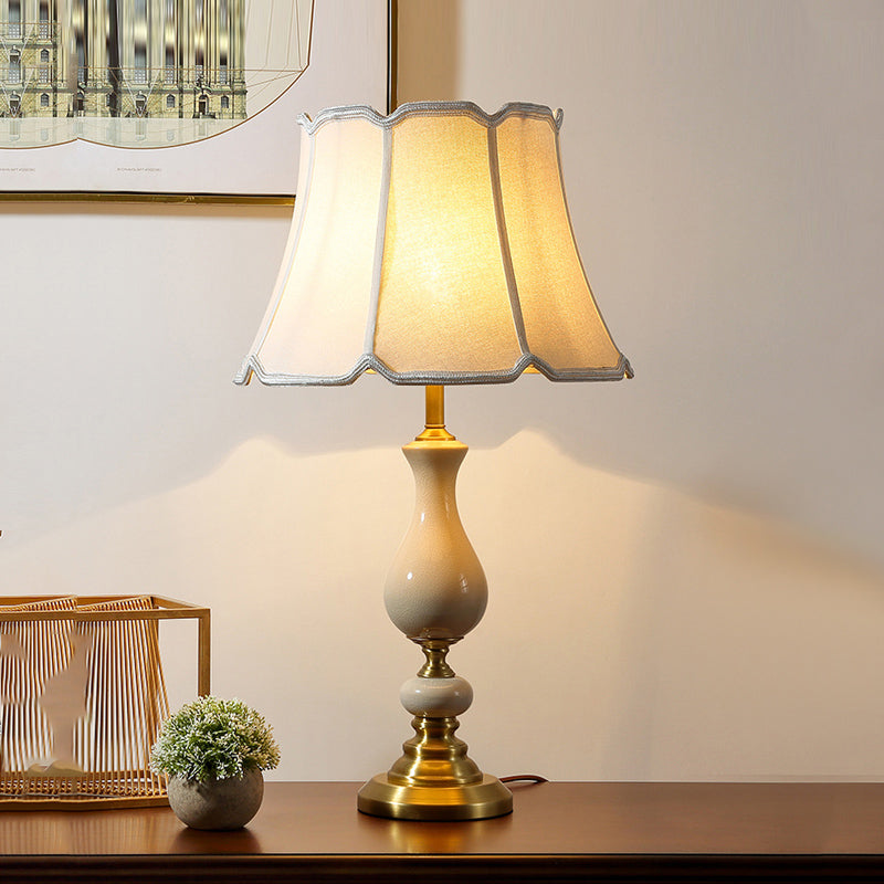 Fabric Scalloped Bell Table Lamp Simplicity 1 Bulb Living Room Nightstand Light with Ceramic Decor in White