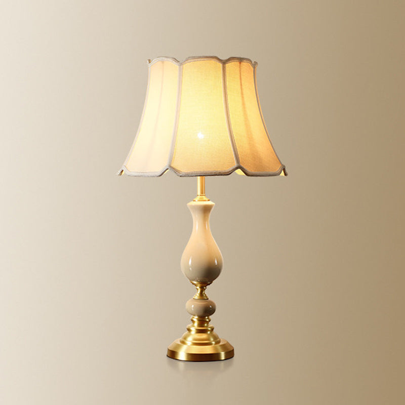 Fabric Scalloped Bell Table Lamp Simplicity 1 Bulb Living Room Nightstand Light with Ceramic Decor in White