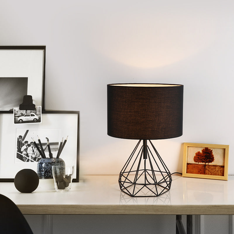 Diamond Cage Base Bedside Table Lamp Metallic 1 Head Minimalist Nightstand Lamp with Drum Fabric Shade
