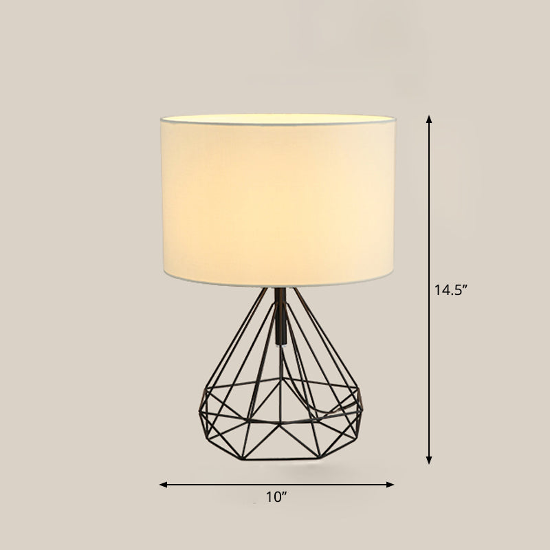 Diamond Cage Base Bedside Table Lamp Metallic 1 Head Minimalist Nightstand Lamp with Drum Fabric Shade