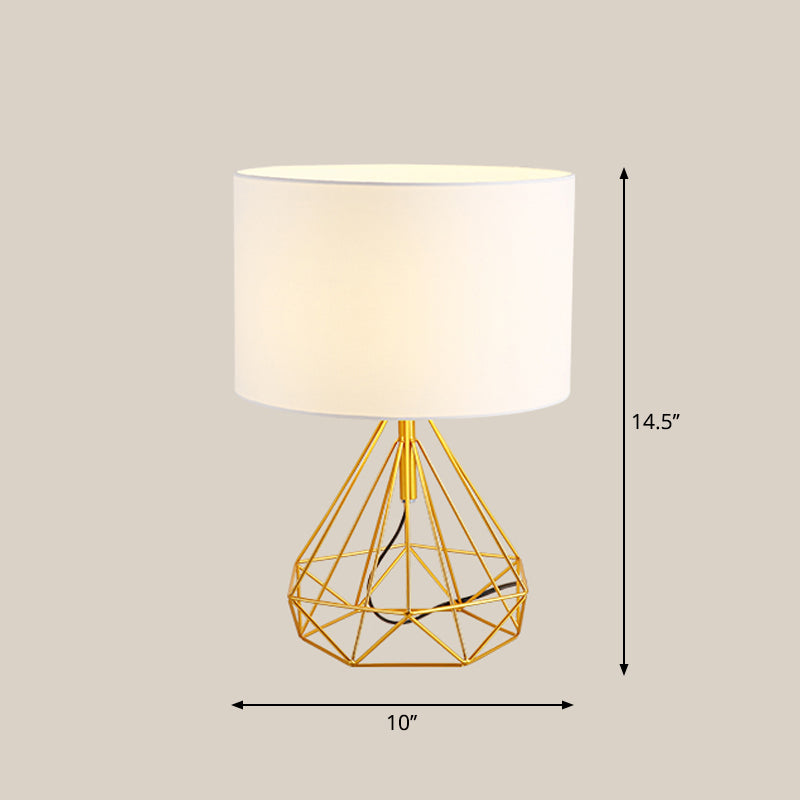 Diamond Cage Base Bedside Table Lamp Metallic 1 Head Minimalist Nightstand Lamp with Drum Fabric Shade