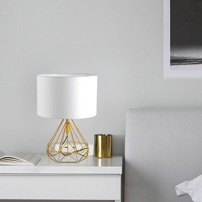 Diamond Cage Base Bedside Table Lamp Metallic 1 Head Minimalist Nightstand Lamp with Drum Fabric Shade