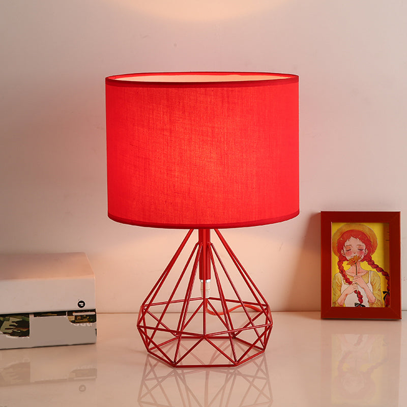 Diamond Cage Base Bedside Table Lamp Metallic 1 Head Minimalist Nightstand Lamp with Drum Fabric Shade