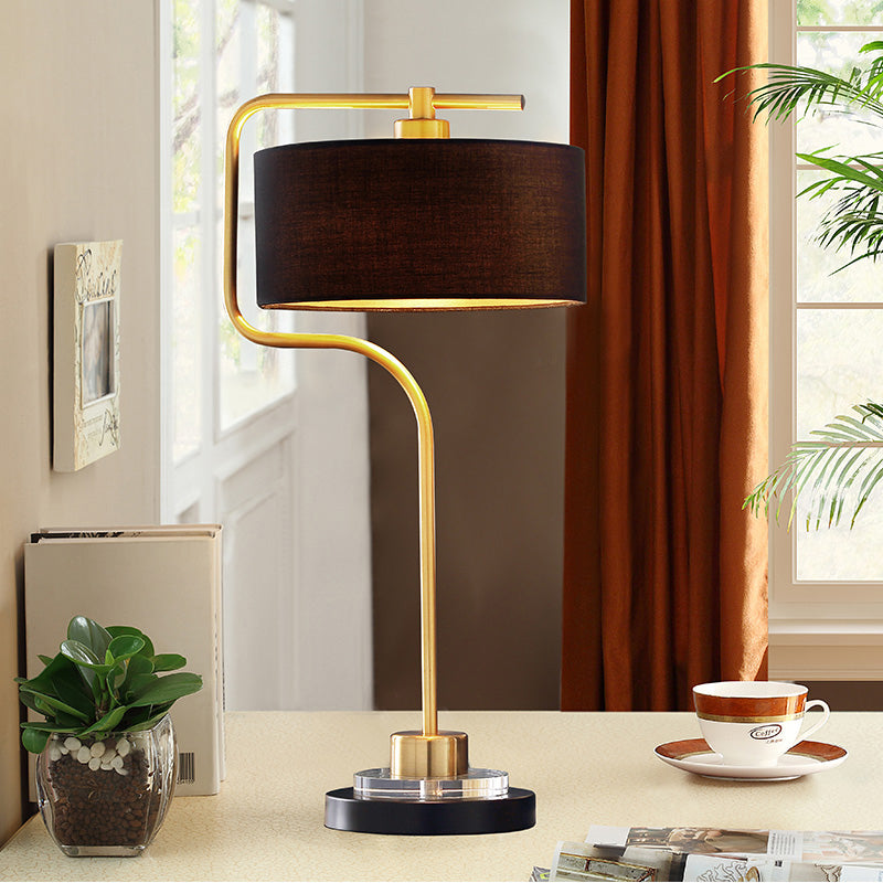 Drum Shade Fabric Table Light Vintage Single-Bulb Living Room Nightstand Lamp in Black