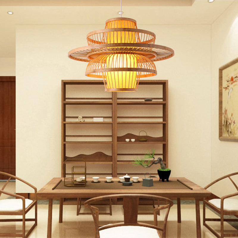 Lotus-Shaped Pendant Light Contemporary Bamboo Single-Bulb Wood Suspension Light Fixture