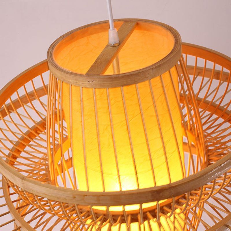 Lotus-Shaped Pendant Light Contemporary Bamboo Single-Bulb Wood Suspension Light Fixture