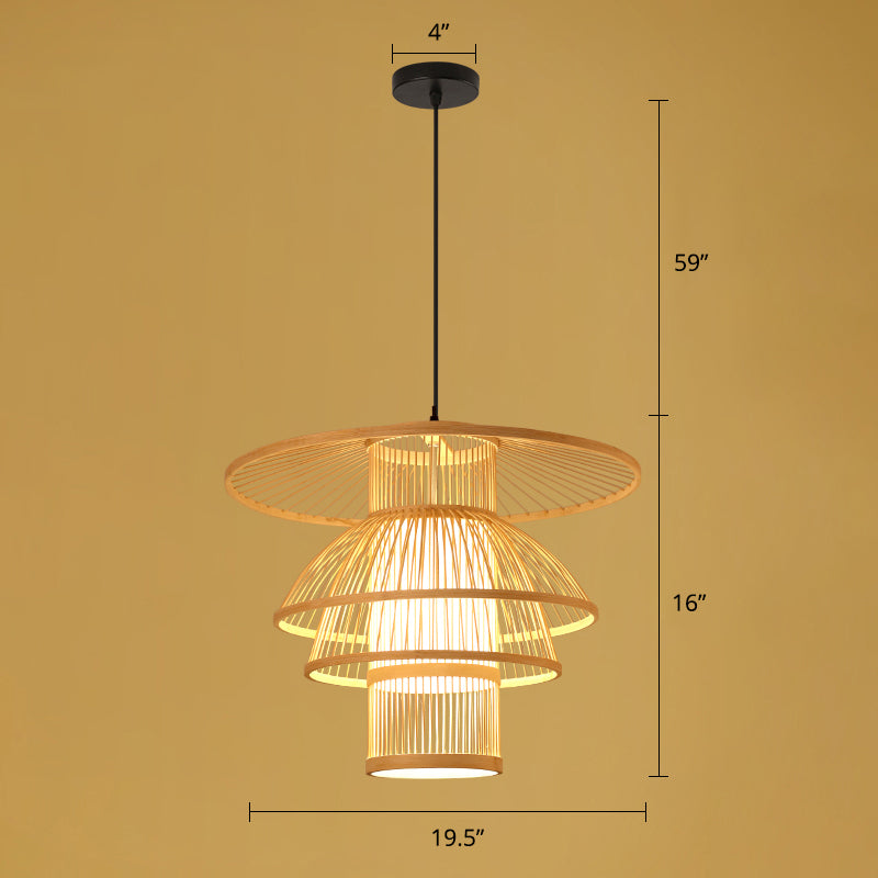 Asian Style Handmade Ceiling Light Bamboo 1 Bulb Restaurant Hanging Light Fixture in Wood