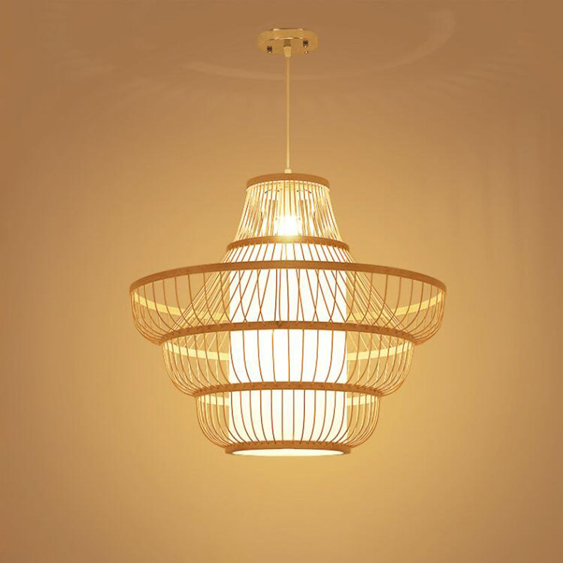 Lantern Shaded Restaurant Ceiling Light Bamboo Single Modern Hanging Pendant Light in Wood