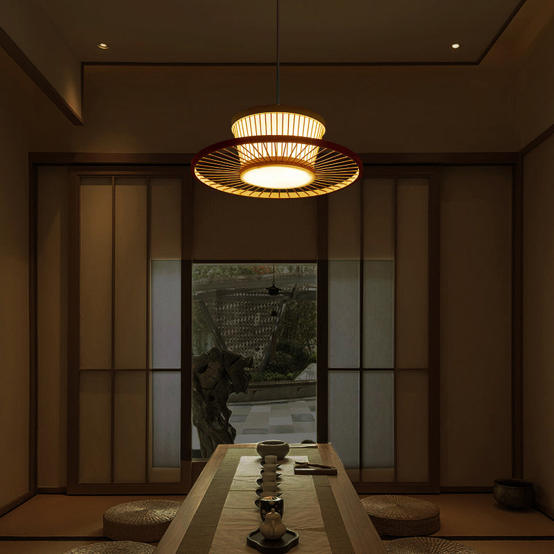 Circle Ceiling Light Asian Style Bamboo 1 Bulb Wood Hanging Lighting for Tea Room