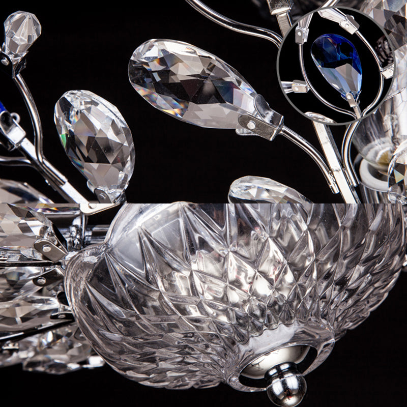 Metallic Peacock Tail Semi Flush Ceiling Light Modern 6 Lights Gold/Chrome Ceiling Mounted Fixture with Crystal Drops