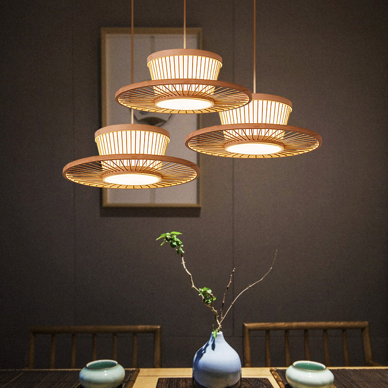 Circle Ceiling Light Asian Style Bamboo 1 Bulb Wood Hanging Lighting for Tea Room