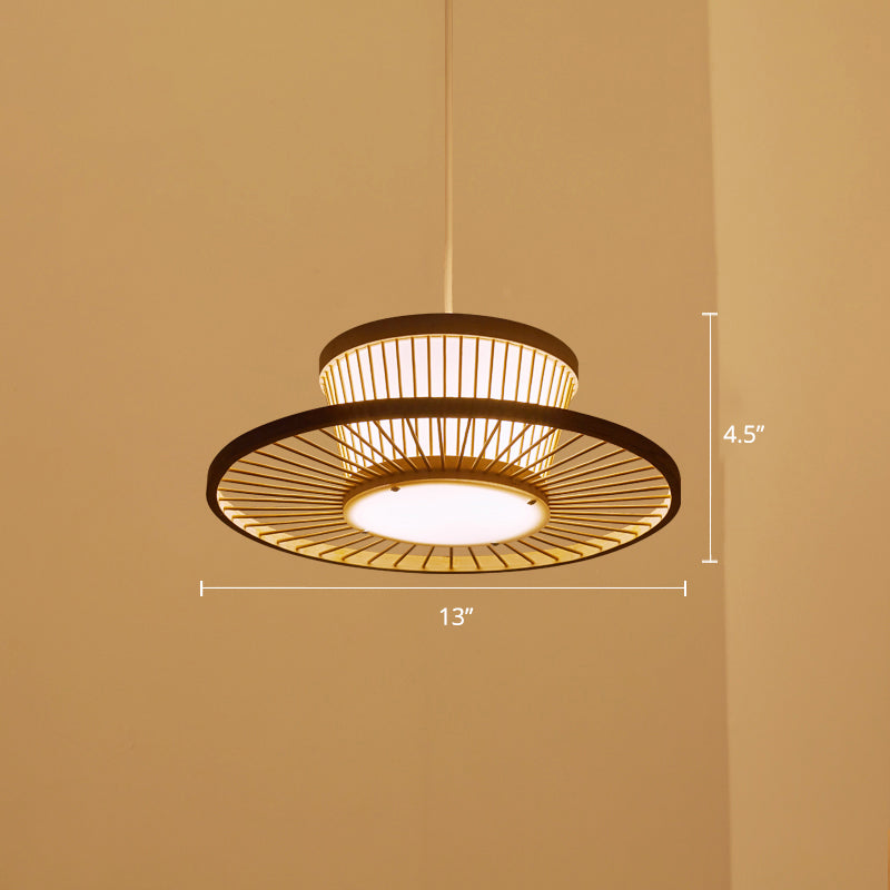 Circle Ceiling Light Asian Style Bamboo 1 Bulb Wood Hanging Lighting for Tea Room