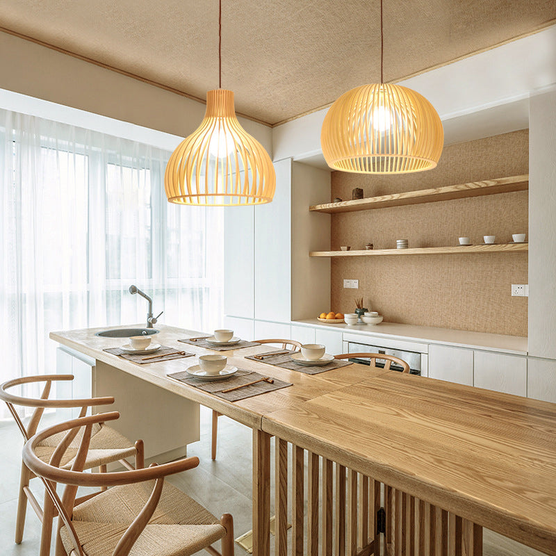 Shaded Dining Room Pendant Light Wood Single-Bulb Contemporary Suspension Light Fixture