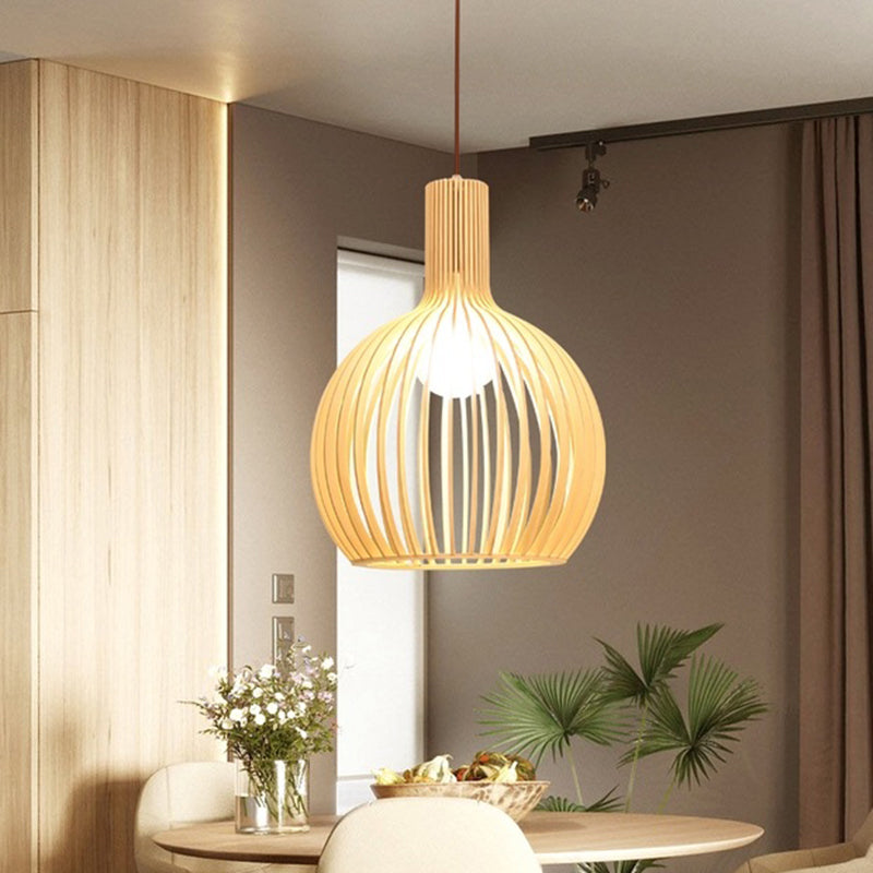 Shaded Dining Room Pendant Light Wood Single-Bulb Contemporary Suspension Light Fixture