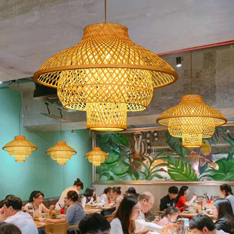 Layered Bamboo Suspension Light Simplicity 1-Light Wood Pendant Light for Restaurant