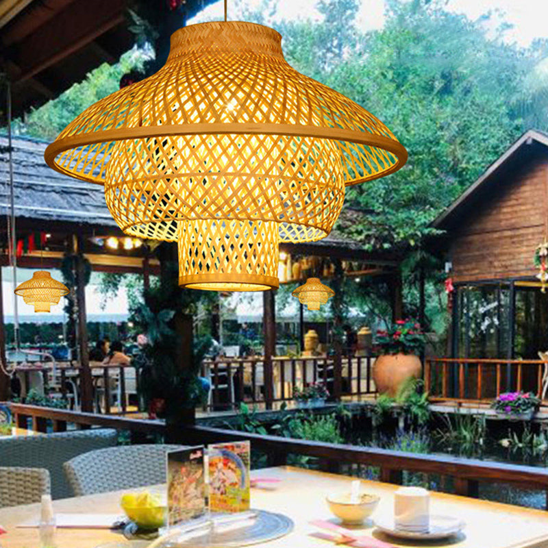 Layered Bamboo Suspension Light Simplicity 1-Light Wood Pendant Light for Restaurant