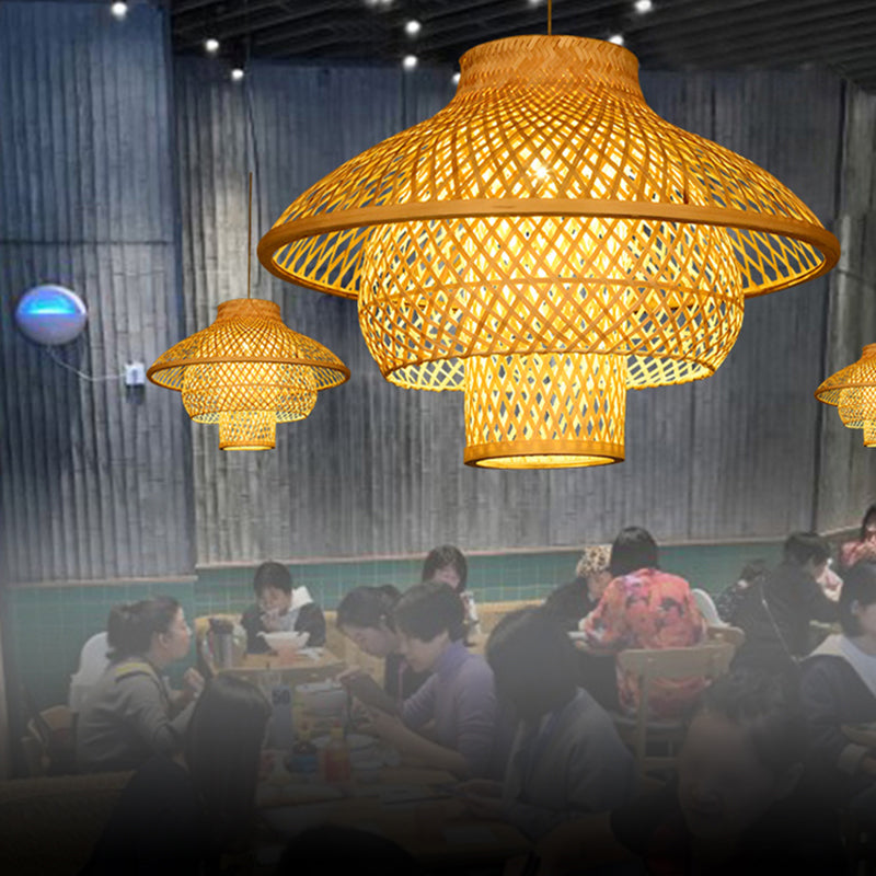 Layered Bamboo Suspension Light Simplicity 1-Light Wood Pendant Light for Restaurant