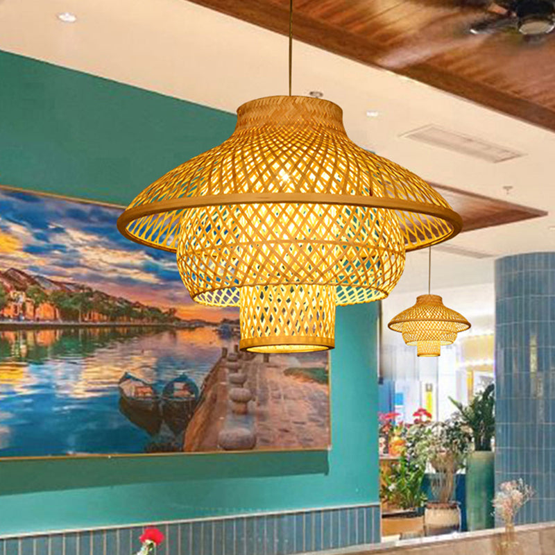 Layered Bamboo Suspension Light Simplicity 1-Light Wood Pendant Light for Restaurant