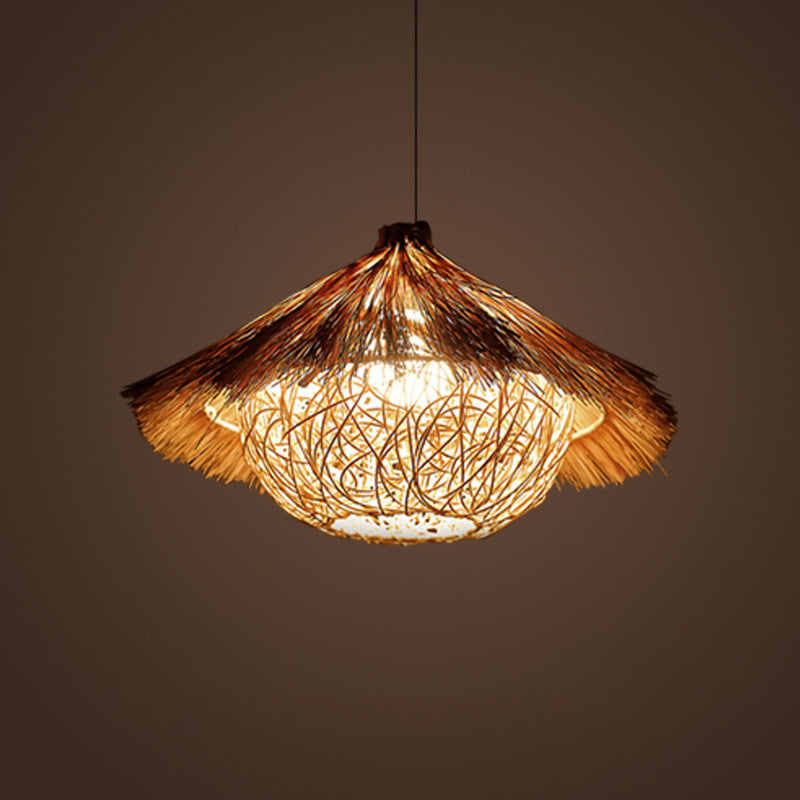 Rattan Shaded Ceiling Light Asian Style 1 Bulb Wood Hanging Lighting Fixture for Restaurant