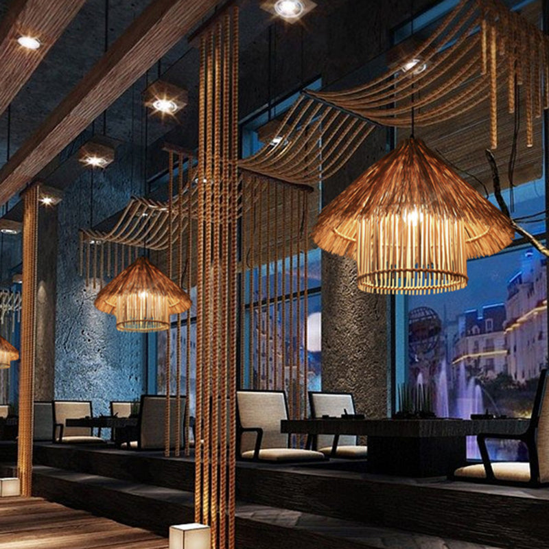 Rattan Shaded Ceiling Light Asian Style 1 Bulb Wood Hanging Lighting Fixture for Restaurant