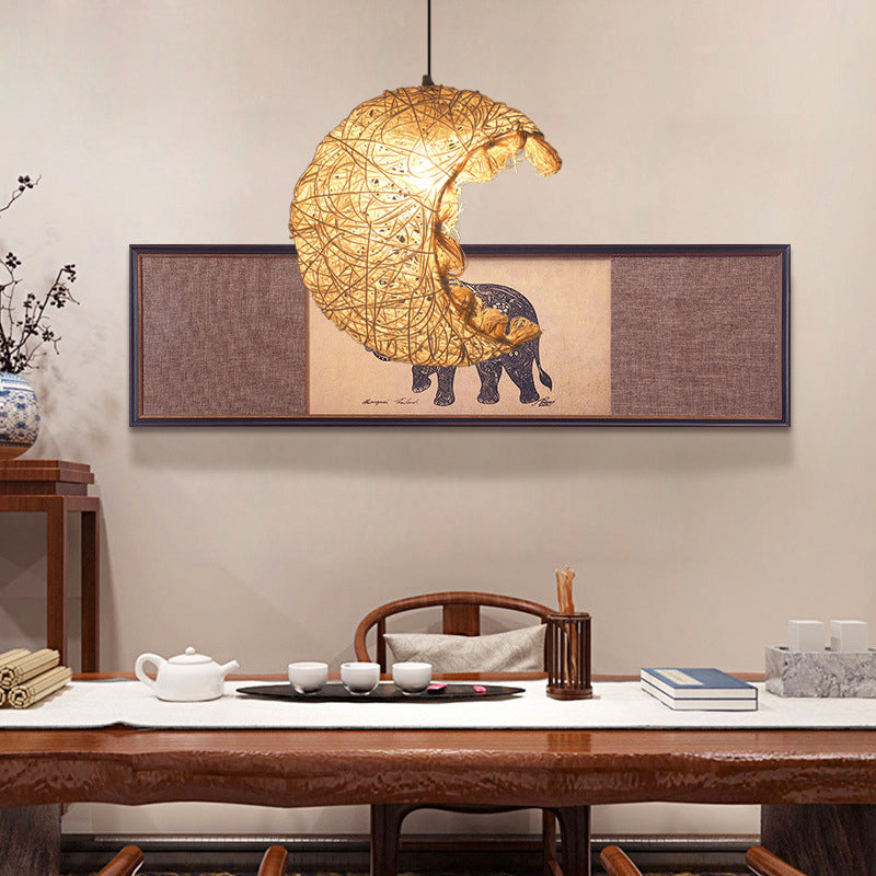 Rattan Shaded Ceiling Light Asian Style 1 Bulb Wood Hanging Lighting Fixture for Restaurant