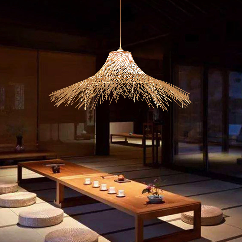 Straw Hat Rattan Ceiling Light Modern Single Wood Hanging Pendant Light for Restaurant