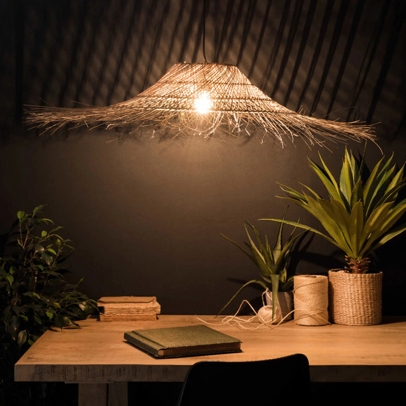 Straw Hat Rattan Ceiling Light Modern Single Wood Hanging Pendant Light for Restaurant