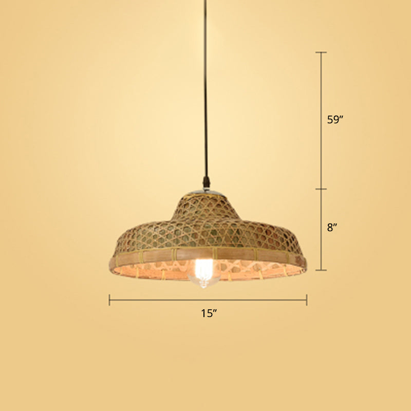 Hat Shape Pendant Light Contemporary Bamboo Single-Bulb Wood Suspension Light Fixture