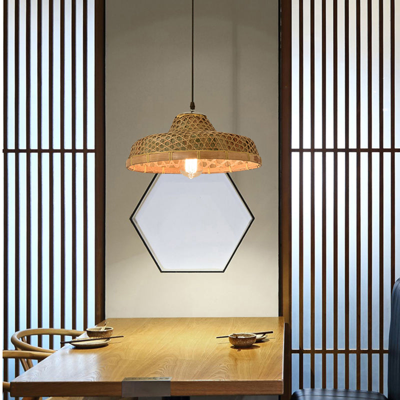 Hat Shape Pendant Light Contemporary Bamboo Single-Bulb Wood Suspension Light Fixture