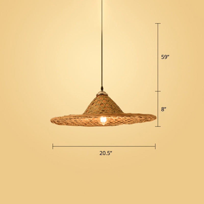 Hat Shape Pendant Light Contemporary Bamboo Single-Bulb Wood Suspension Light Fixture