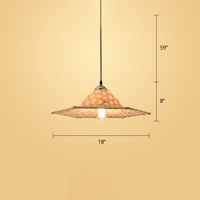 Hat Shape Pendant Light Contemporary Bamboo Single-Bulb Wood Suspension Light Fixture