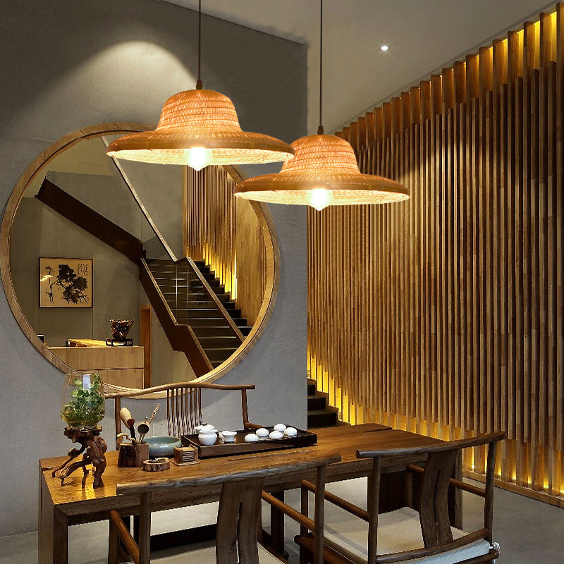 Wood Straw Hat Suspension Light Simplicity 1-Light Bamboo Pendant Lighting Fixture