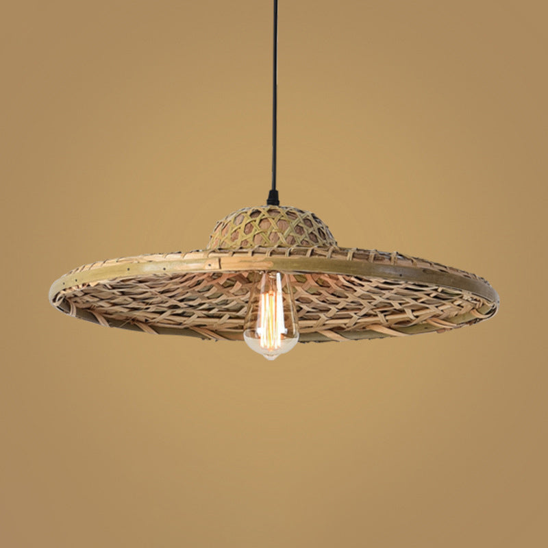 Wood Straw Hat Suspension Light Simplicity 1-Light Bamboo Pendant Lighting Fixture