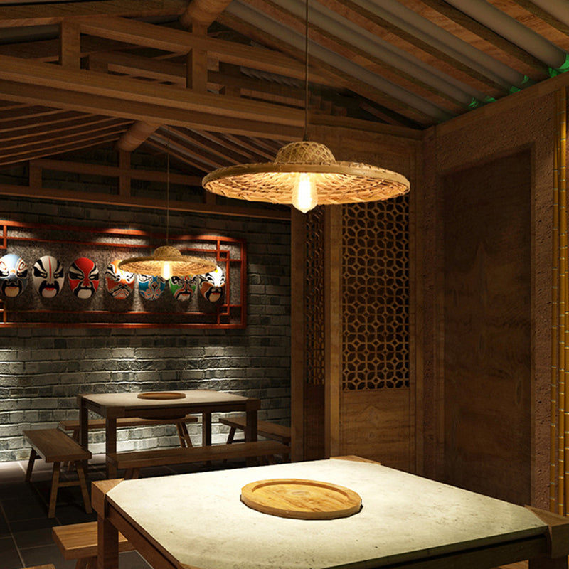 Wood Straw Hat Suspension Light Simplicity 1-Light Bamboo Pendant Lighting Fixture