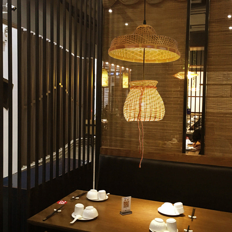 Wood Straw Hat Suspension Light Simplicity 1-Light Bamboo Pendant Lighting Fixture