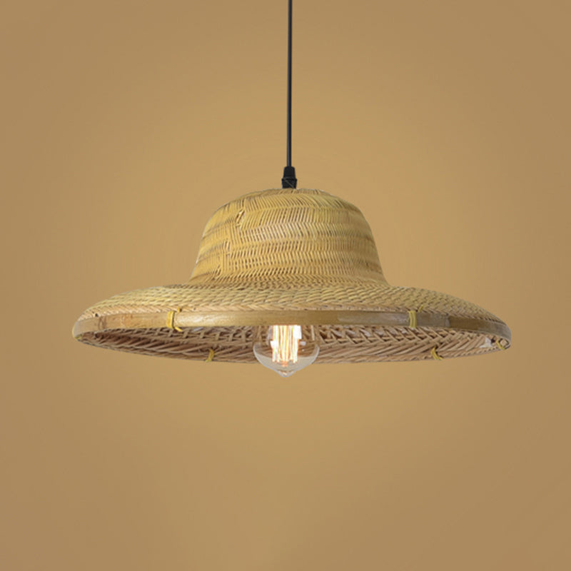 Wood Straw Hat Suspension Light Simplicity 1-Light Bamboo Pendant Lighting Fixture