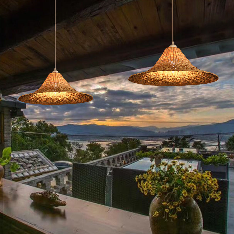Straw Hat Ceiling Light Asian Style Bamboo 1 Bulb Restaurant Hanging Light Fixture in Wood