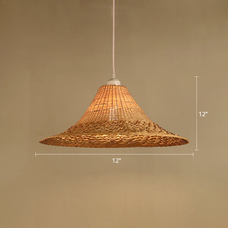 Straw Hat Ceiling Light Asian Style Bamboo 1 Bulb Restaurant Hanging Light Fixture in Wood