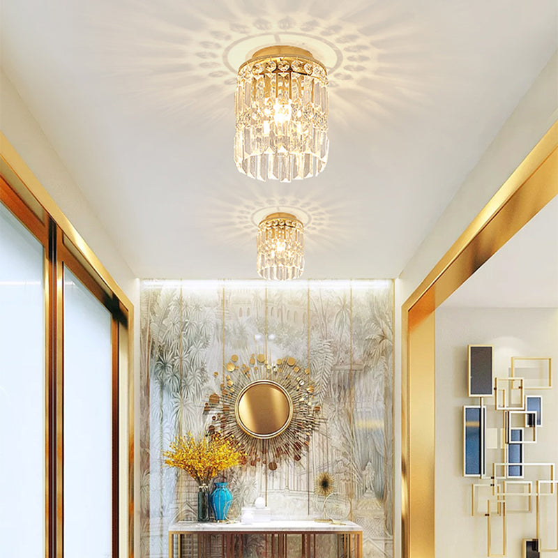 1-Light Corridor Mini Flush Lamp Simple Black/Gold Cylinder Crystal Ceiling Flush Mount