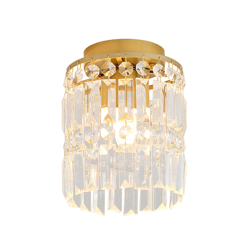 1-Light Corridor Mini Flush Lamp Simple Black/Gold Cylinder Crystal Ceiling Flush Mount